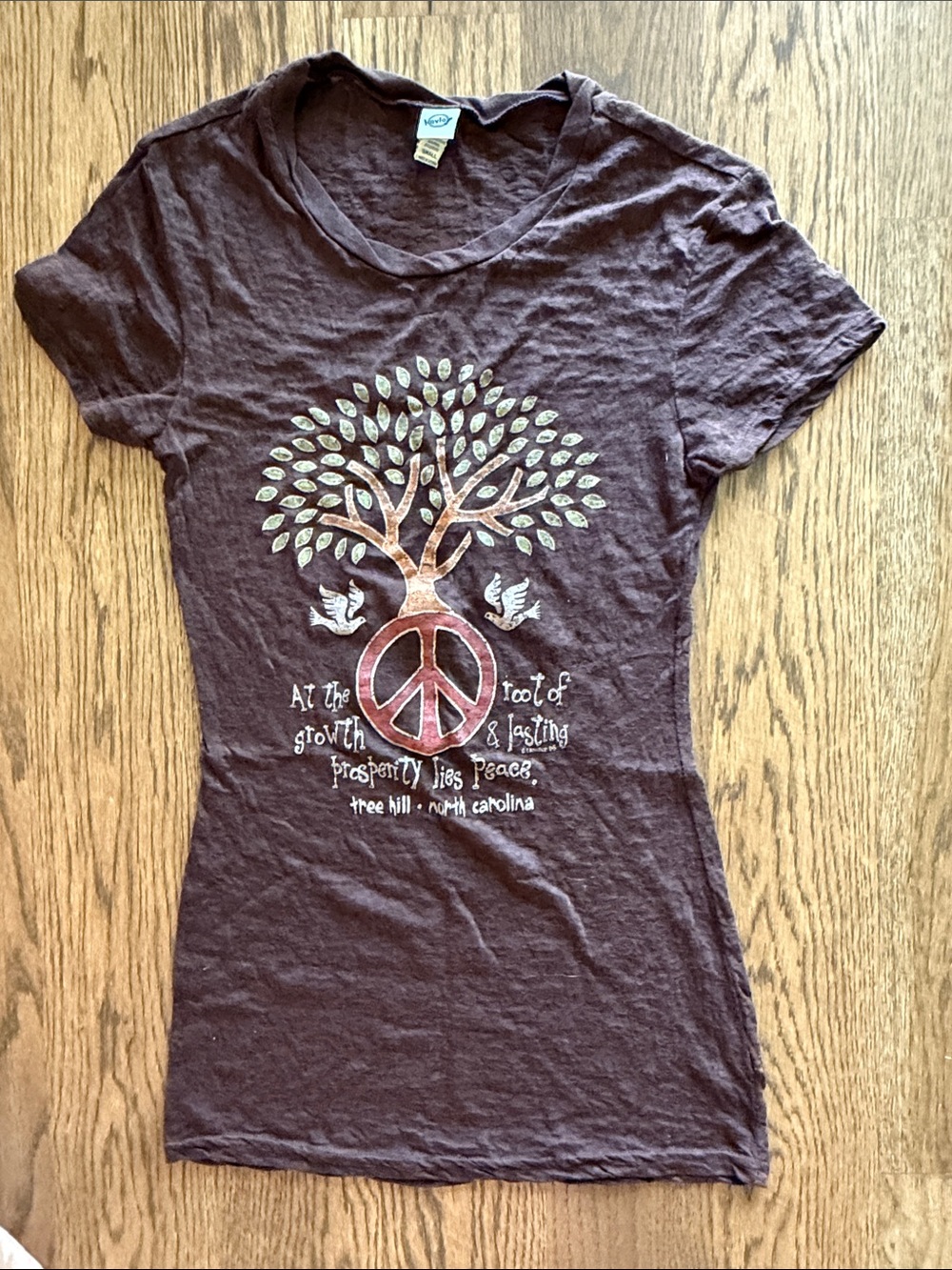 ONE TREE HILL Brown Women's V-Neck Tee with Tree & Peace Graphic